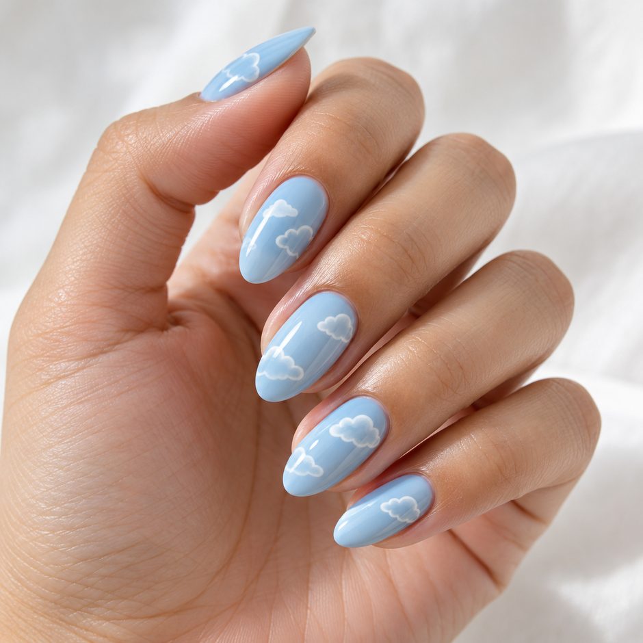 Baby blue nails with white cloud line art