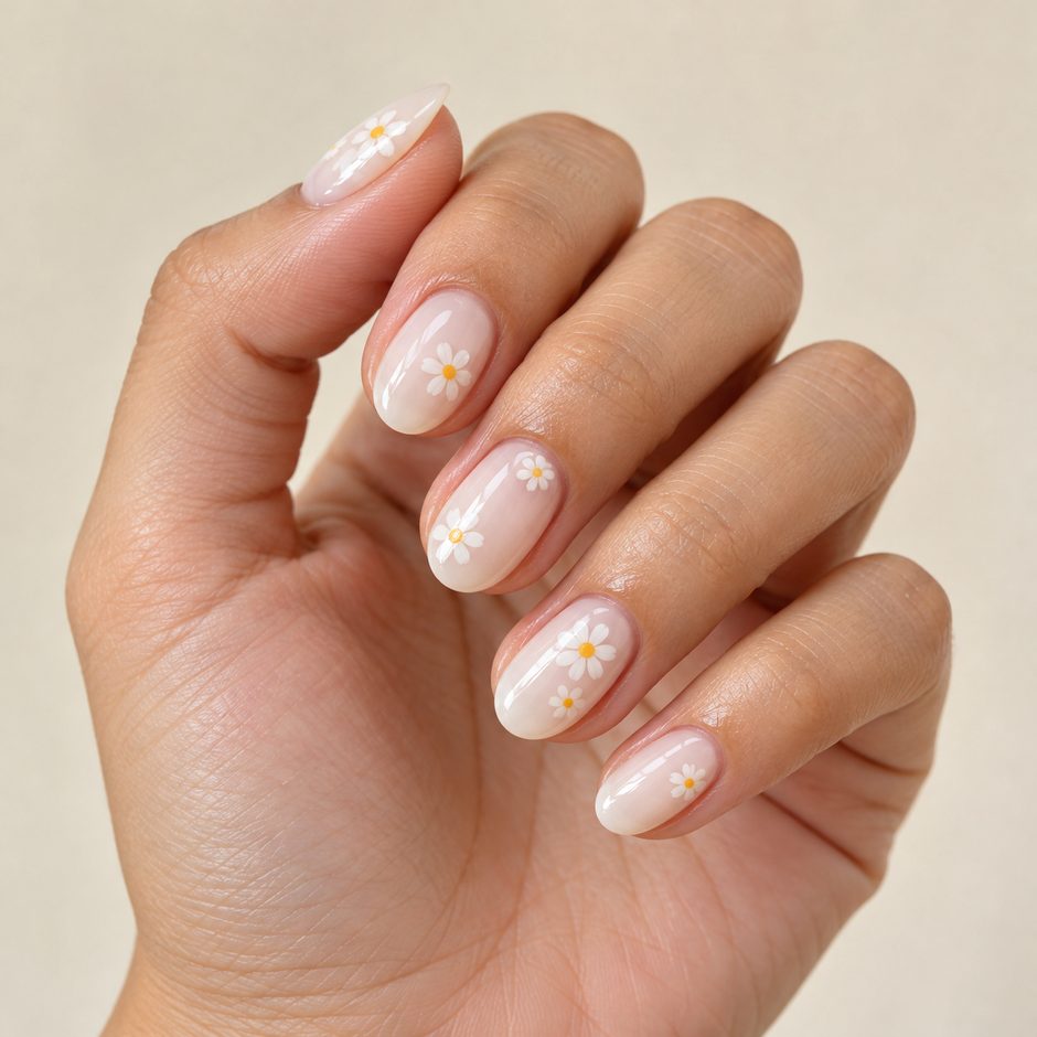 Milky white nails with small hand-painted daisies