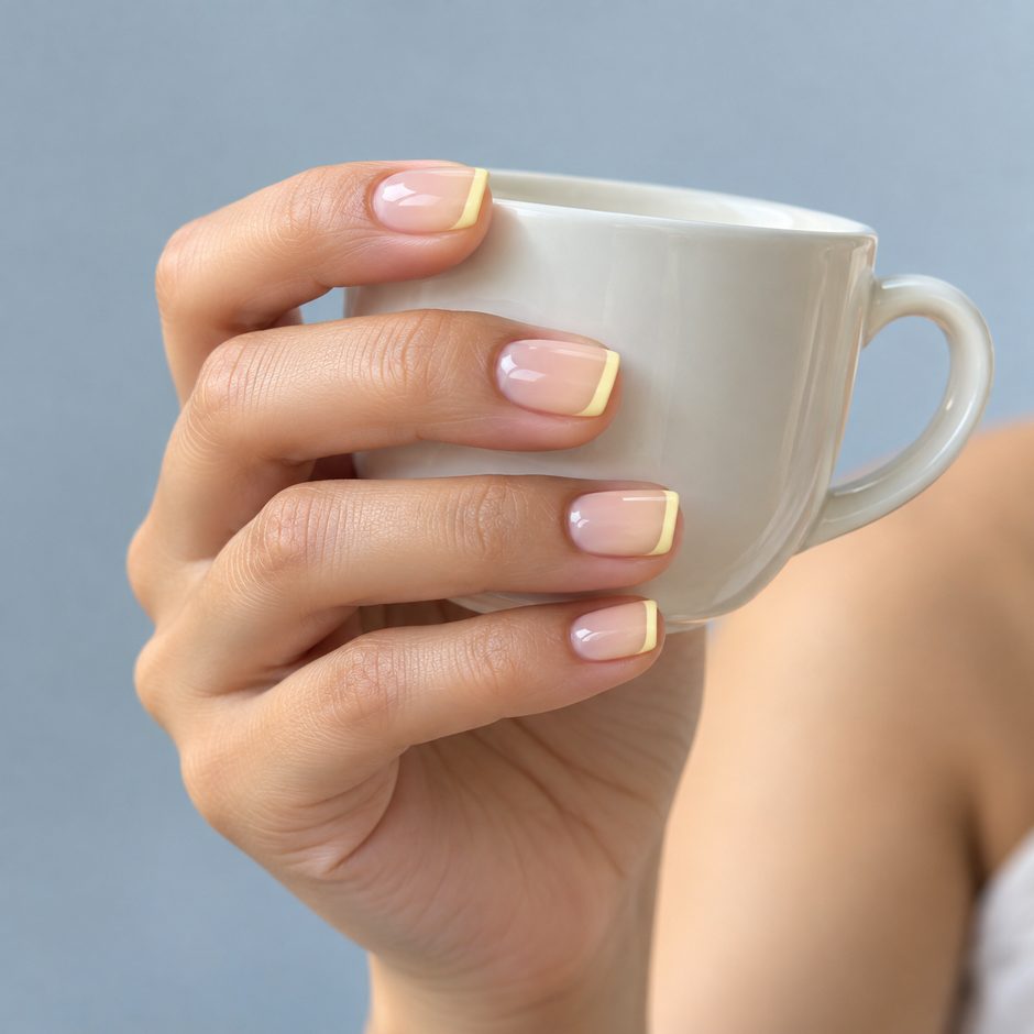 Nude nails with butter-yellow French tips