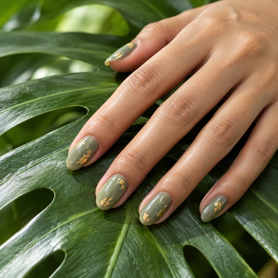 Sage green nails with gold foil flakes