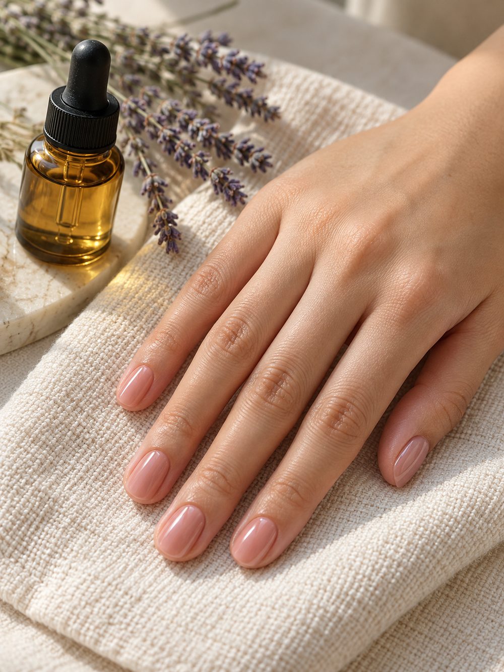 Hand with a glossy nude-rose manicure beside cuticle oil and lavender
