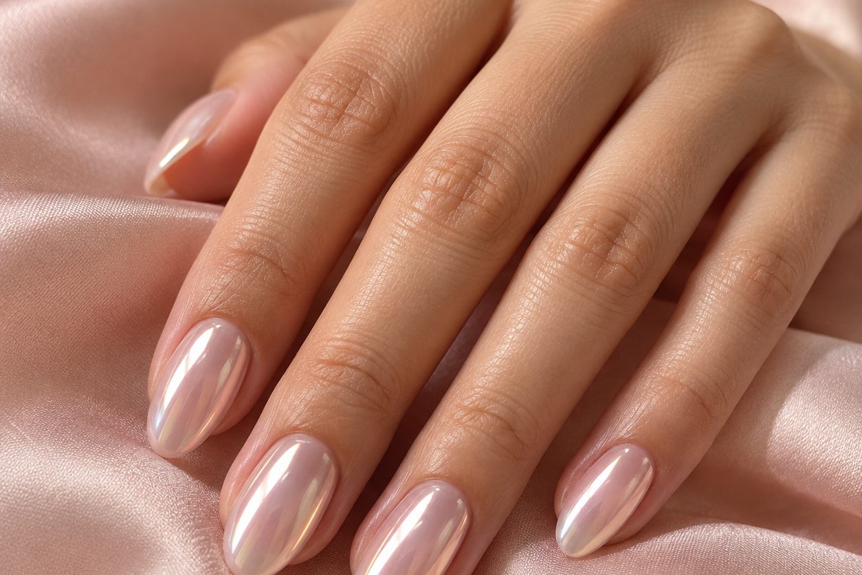 Hand with pearl chrome glazed nails on blush satin