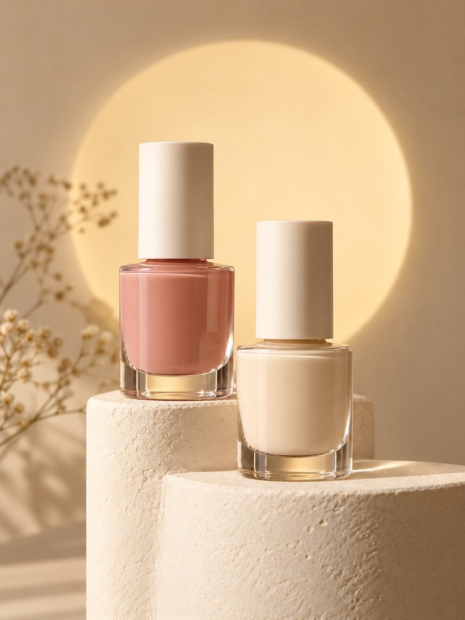 Two nail polish bottles on a cream pedestal in warm light