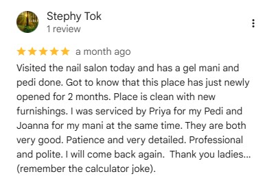 Stephy Tok, 5 stars on Google: Visited the nail salon today and has a gel mani and pedi done