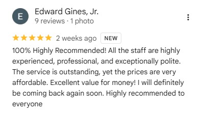 Edward Gines, Jr., 5 stars on Google: 100% Highly Recommended!