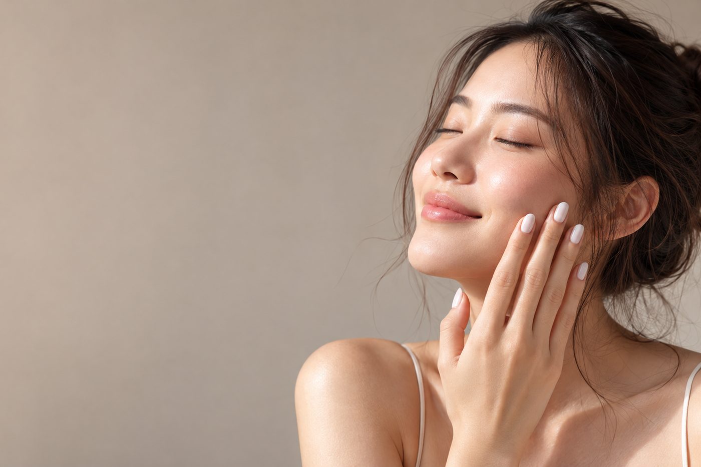 Woman with a milky-white manicure, eyes closed and smiling
