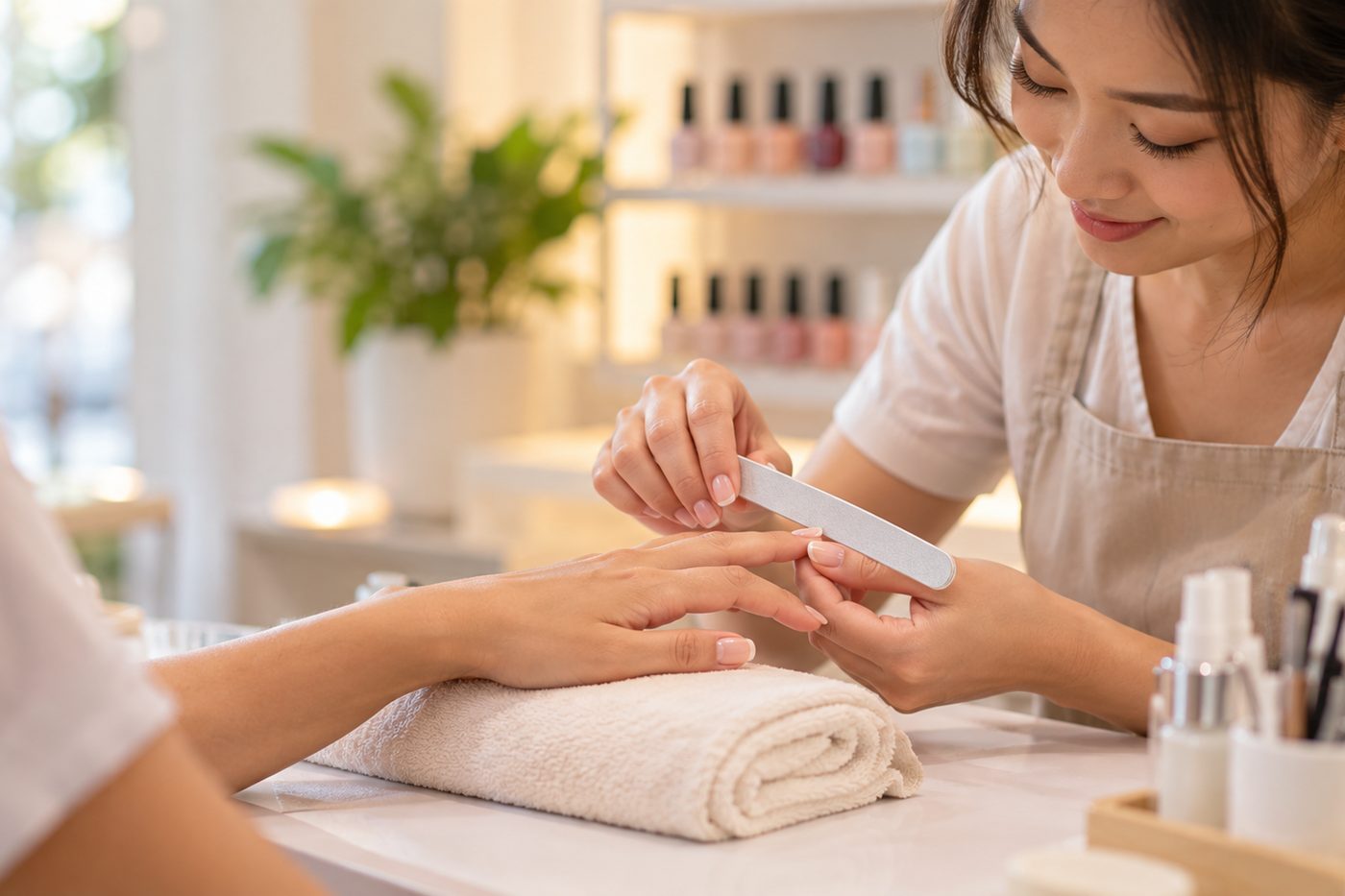 Nail technician filing a client's nails in a bright studio