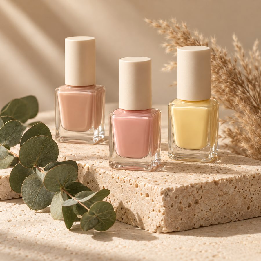 Three nail polish bottles in nude, blush and butter yellow on travertine stone